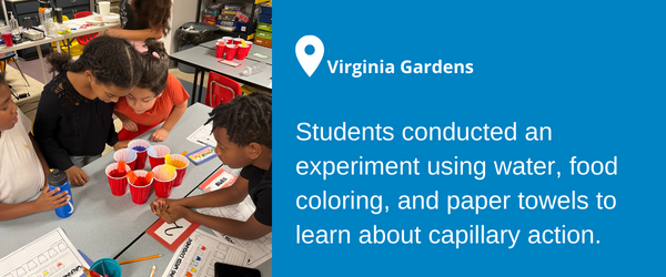 Children at Virginia Gardens looking at a circle of cups with paper towels dipping in and out, a different color for each cup. Students conducted an experiment using water, food coloring, and paper towels to learn about capillary action.